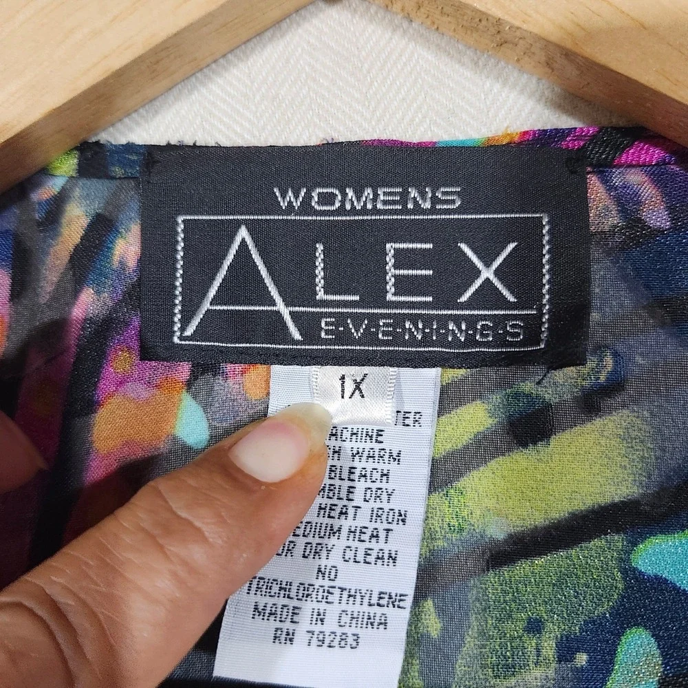 Alex Evenings Womens 1X 2 Piece Set Abstract Multi Color Tiered Top Shrug Jacket